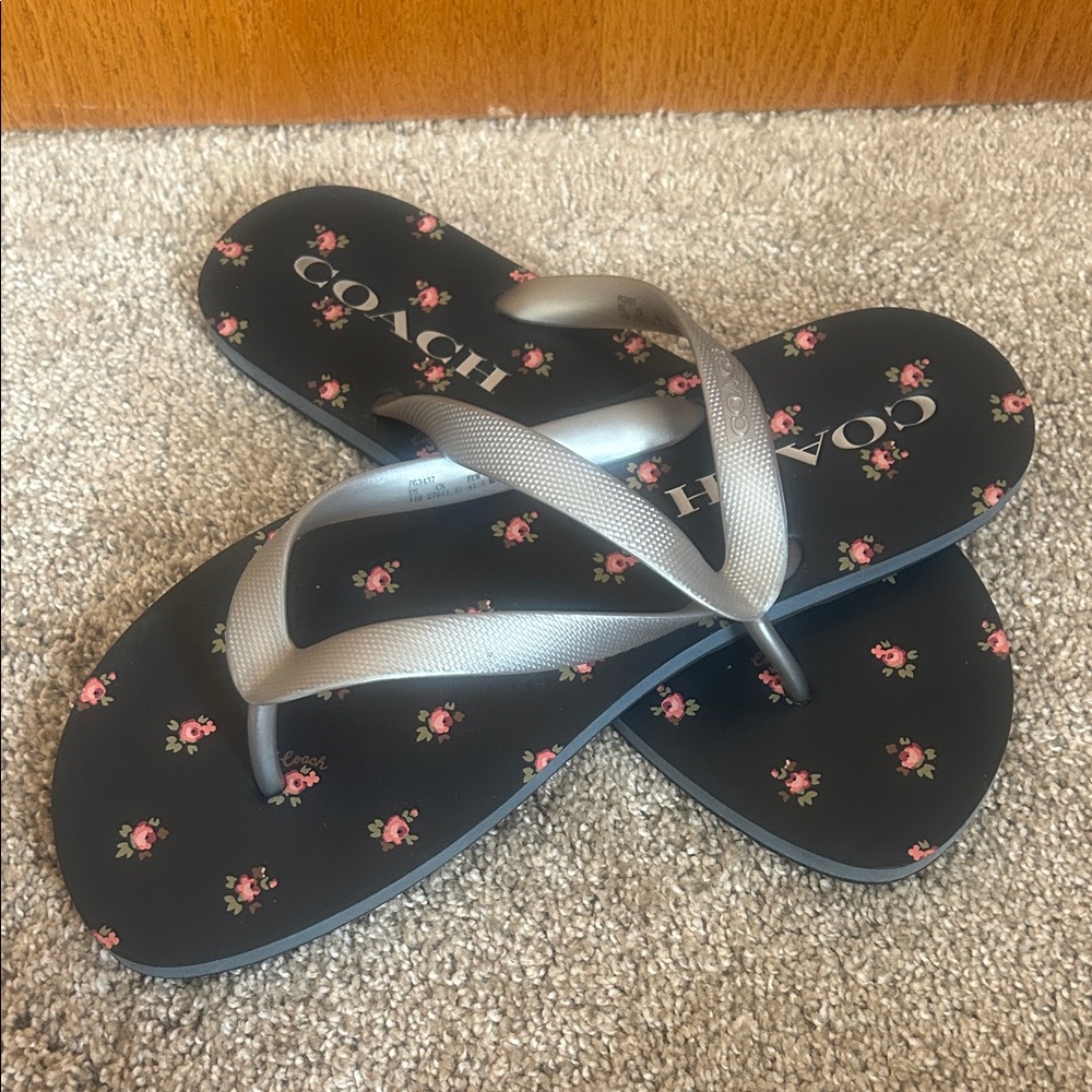 Coach Blue Floral Sandals with Silver Straps